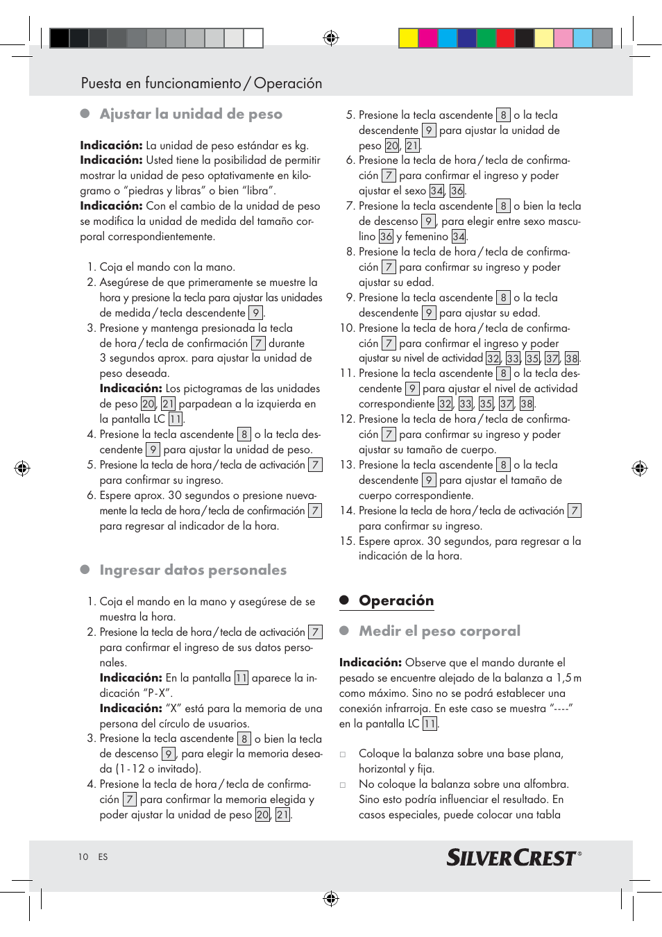 Puesta en funcionamiento / operación, Ajustar la unidad de peso, Ingresar datos personales | Operación, Medir el peso corporal | Silvercrest Z28414-TX User Manual | Page 8 / 46