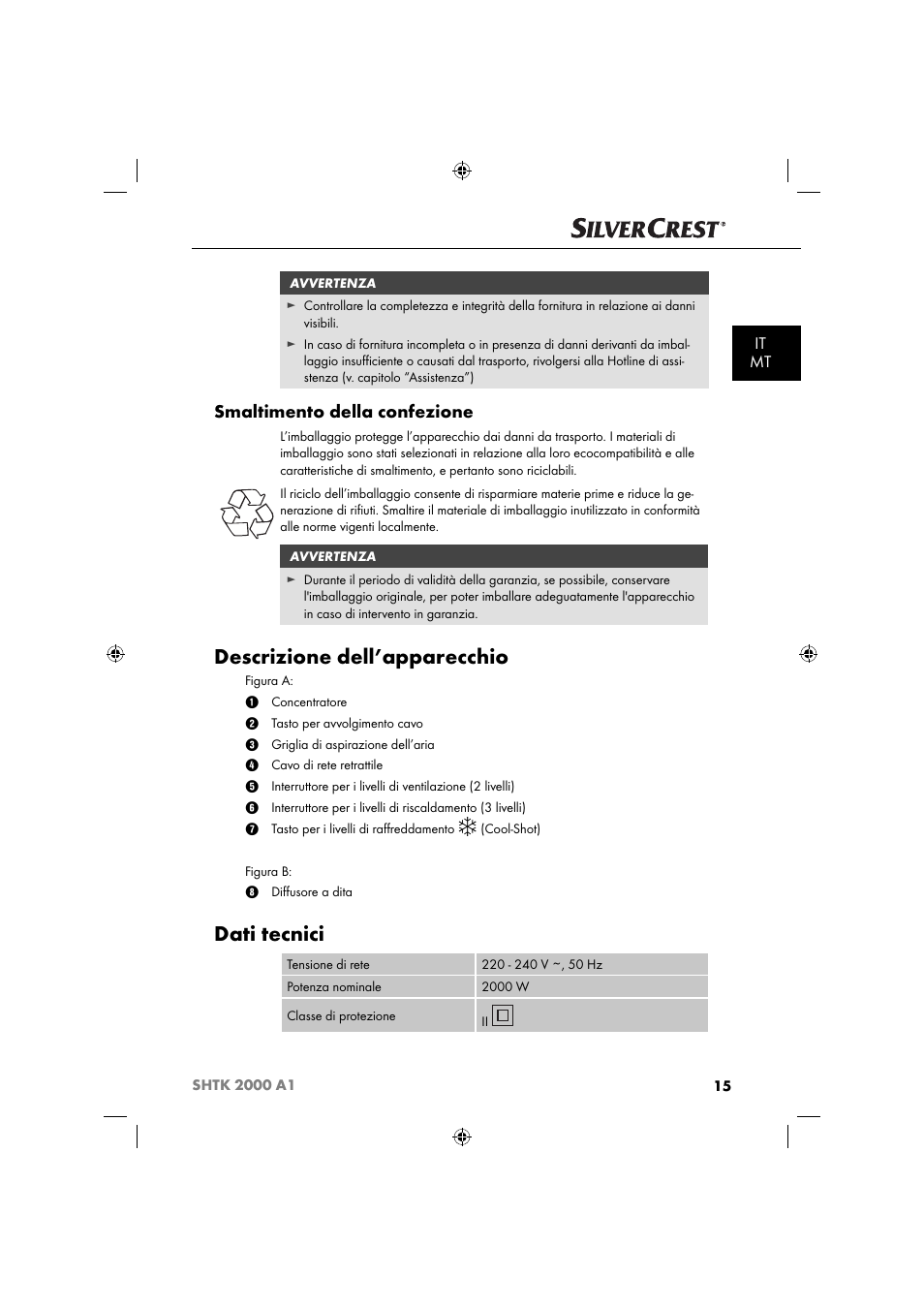 Descrizione dell’apparecchio, Dati tecnici, Smaltimento della confezione | It mt | Silvercrest SHTK 2000 A1 User Manual | Page 18 / 52