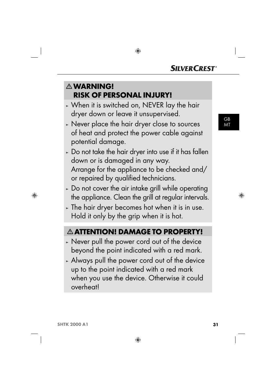 Warning! risk of personal injury, Attention! damage to property | Silvercrest SHTK 2000 A1 User Manual | Page 34 / 52