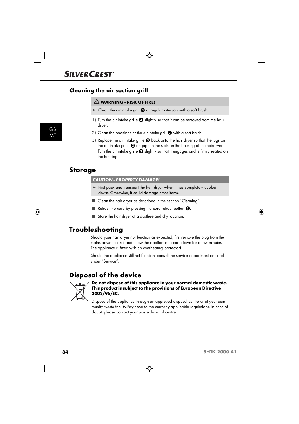 Storage, Troubleshooting, Disposal of the device | Cleaning the air suction grill, Gb mt | Silvercrest SHTK 2000 A1 User Manual | Page 37 / 52