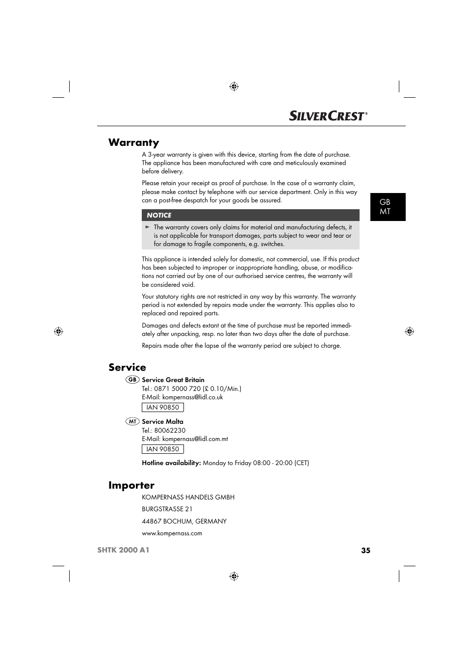 Warranty, Service, Importer | Gb mt | Silvercrest SHTK 2000 A1 User Manual | Page 38 / 52