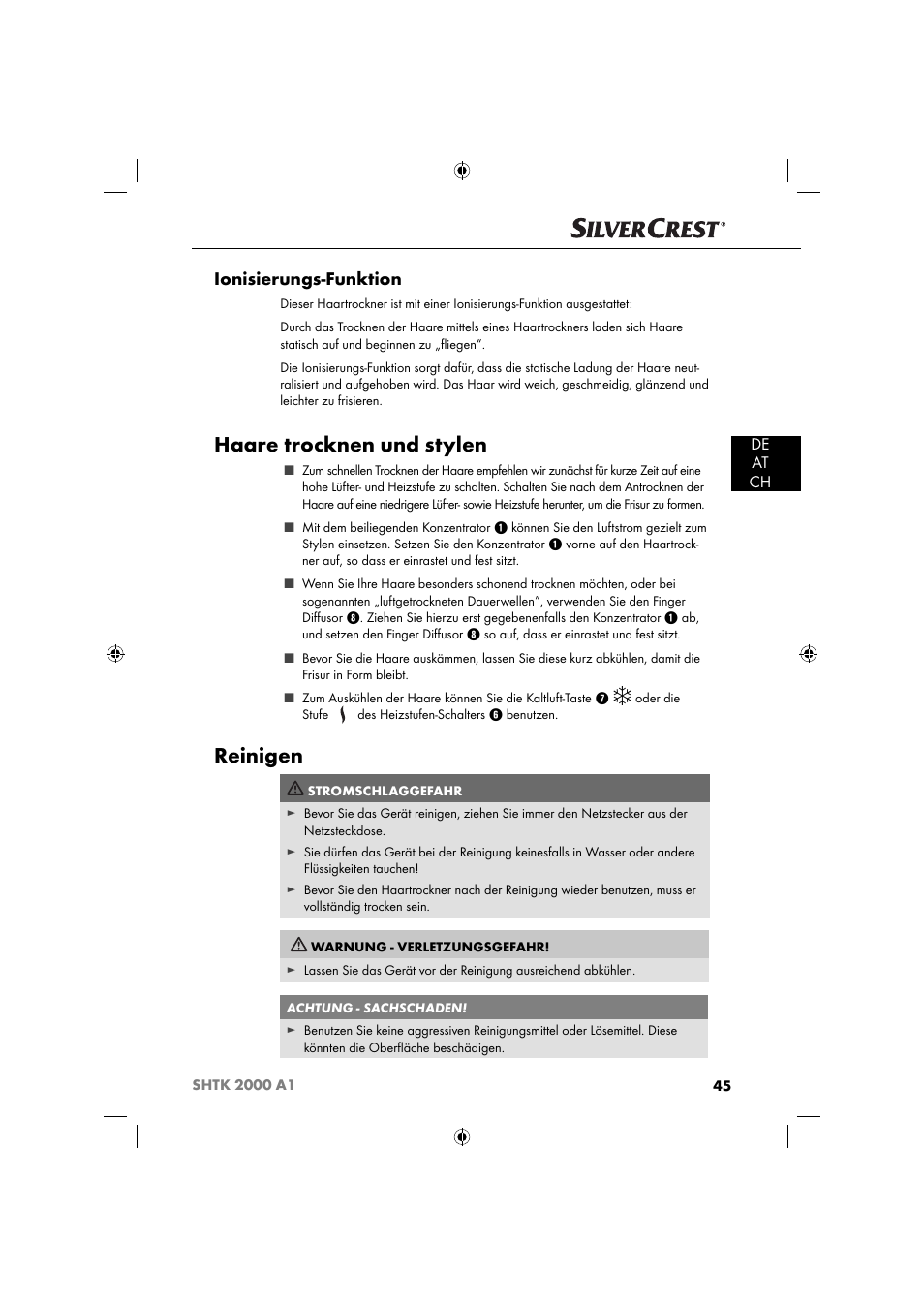 Haare trocknen und stylen, Reinigen, Ionisierungs-funktion | De at ch | Silvercrest SHTK 2000 A1 User Manual | Page 48 / 52