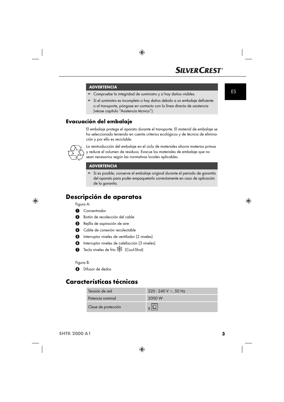 Descripción de aparatos, Características técnicas, Evacuación del embalaje | Silvercrest SHTK 2000 A1 User Manual | Page 6 / 52