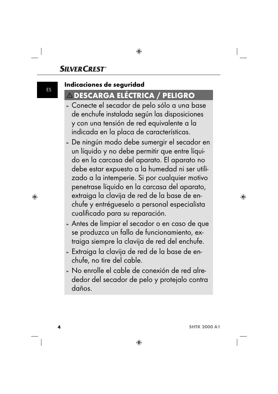 Descarga eléctrica / peligro, Indicaciones de seguridad | Silvercrest SHTK 2000 A1 User Manual | Page 7 / 52