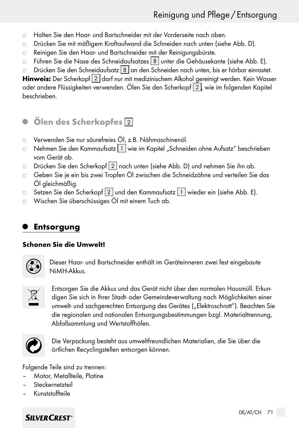 Reinigung und pflege / entsorgung, Ölen des scherkopfes, Entsorgung | Silvercrest SHBS 600 A1 User Manual | Page 71 / 77
