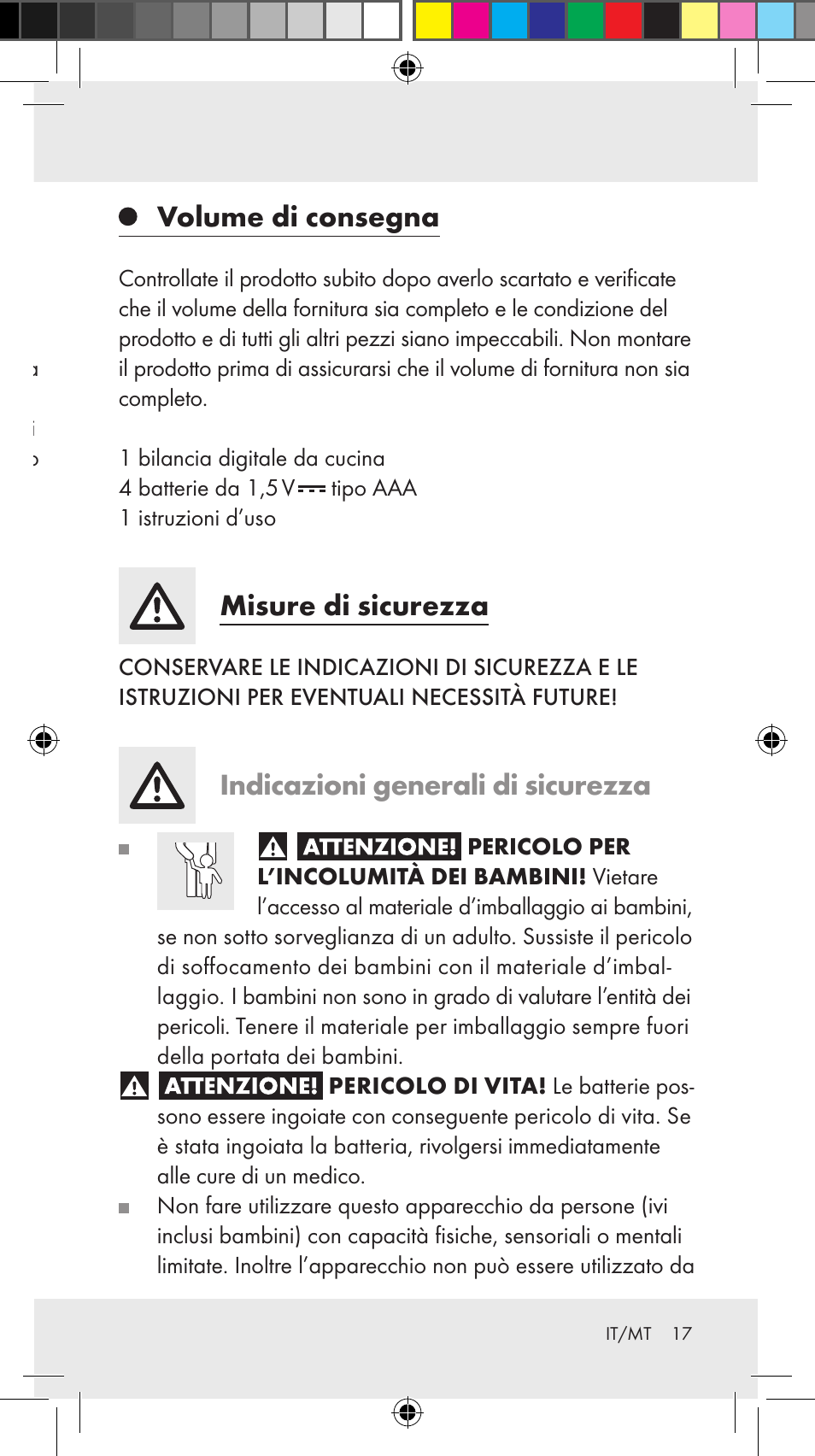 Bilancia da cucina, Uso previsto, Descrizione dei componenti | Dati tecnici, Volume di consegna, Misure di sicurezza, Indicazioni generali di sicurezza | Silvercrest Z31246A Z31246B User Manual | Page 17 / 55