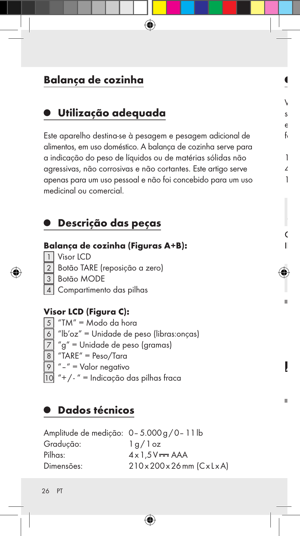 Balança de cozinha, Utilização adequada, Descrição das peças | Dados técnicos, Material fornecido, Indicações de segurança, Indicações gerais de segurança | Silvercrest Z31246A Z31246B User Manual | Page 26 / 55