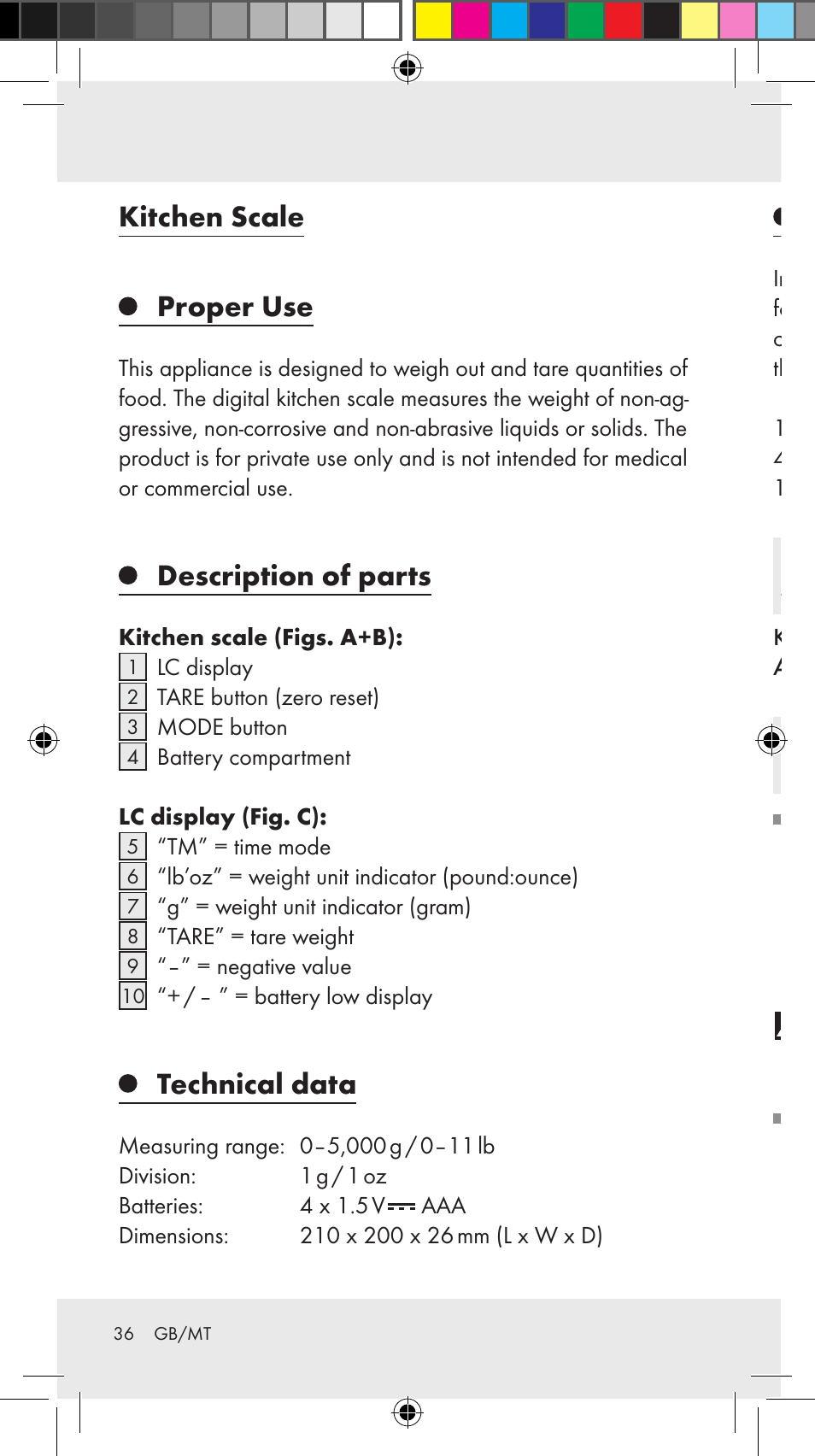 Kitchen scale proper use, Description of parts, Technical data | Includes, Safety instructions, General safety instructions | Silvercrest Z31246A Z31246B User Manual | Page 36 / 55