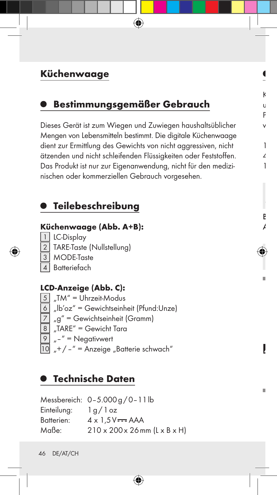 Küchenwaage bestimmungsgemäßer gebrauch, Teilebeschreibung, Technische daten | Lieferumfang, Sicherheitshinweise, Allgemeine sicherheitshinweise | Silvercrest Z31246A Z31246B User Manual | Page 46 / 55