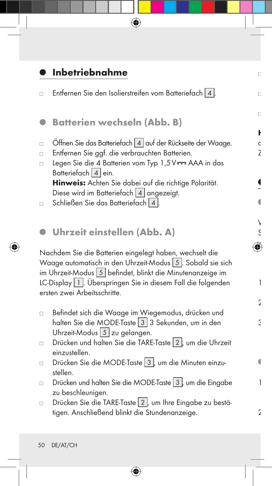 Inbetriebnahme, Batterien wechseln (abb. b), Uhrzeit einstellen (abb. a) | Bedienung wiegen (abb. a), Zuwiegen (abb. a) | Silvercrest Z31246A Z31246B User Manual | Page 50 / 55