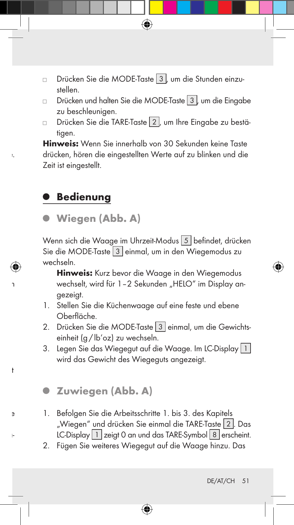 Inbetriebnahme, Batterien wechseln (abb. b), Uhrzeit einstellen (abb. a) | Bedienung wiegen (abb. a), Zuwiegen (abb. a) | Silvercrest Z31246A Z31246B User Manual | Page 51 / 55