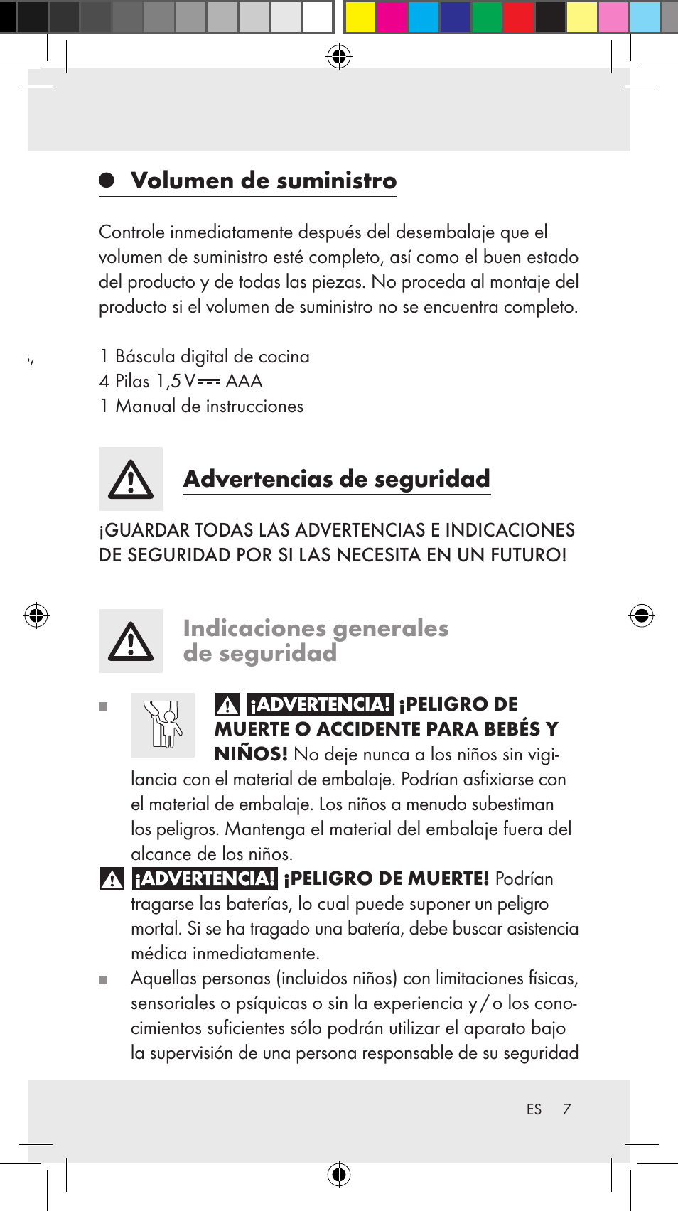 Volumen de suministro, Advertencias de seguridad, Indicaciones generales de seguridad | Báscula de cocina, Uso correcto, Descripción de las piezas, Datos técnicos | Silvercrest Z31246A Z31246B User Manual | Page 7 / 55