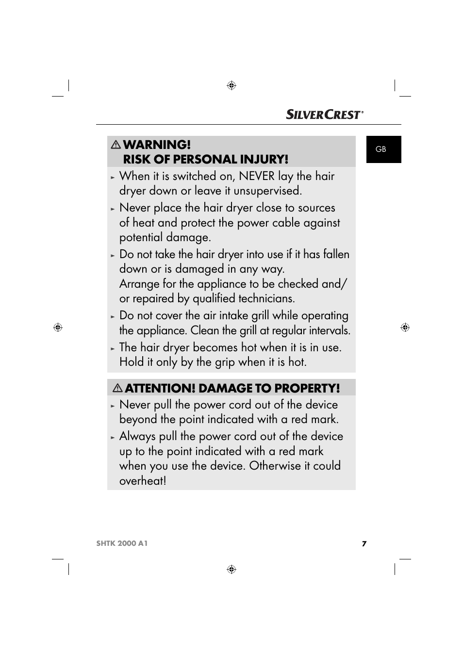 Warning! risk of personal injury, Attention! damage to property | Silvercrest SHTK 2000 A1 User Manual | Page 10 / 64