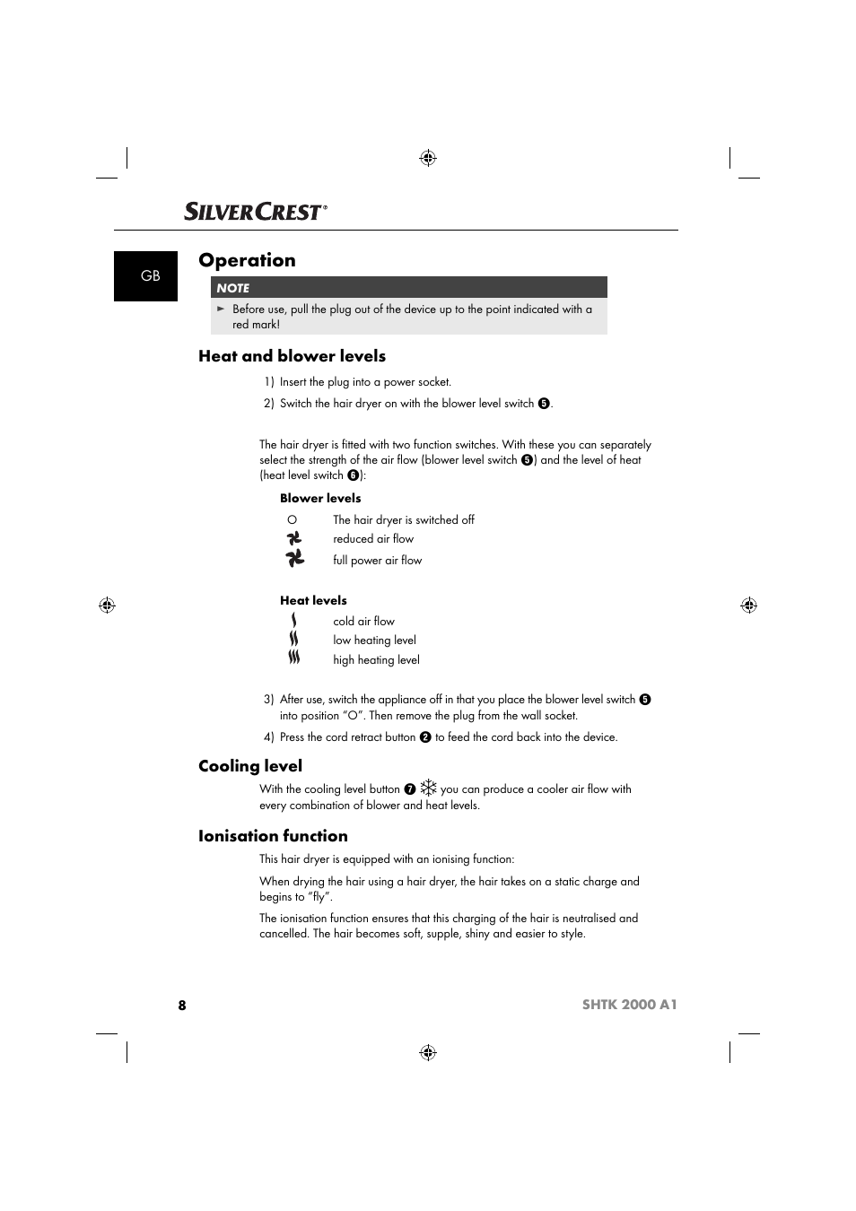 Operation, Heat and blower levels, Cooling level | Ionisation function | Silvercrest SHTK 2000 A1 User Manual | Page 11 / 64