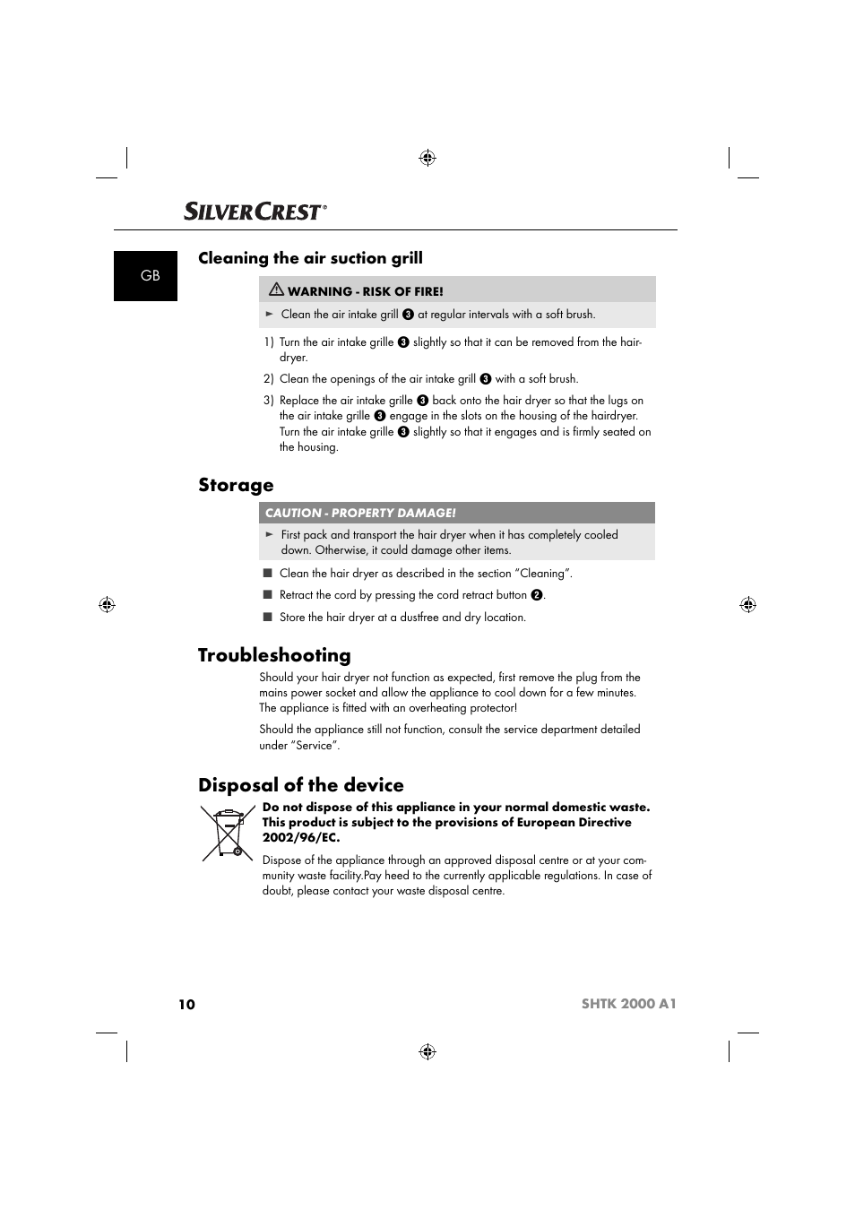 Storage, Troubleshooting, Disposal of the device | Cleaning the air suction grill | Silvercrest SHTK 2000 A1 User Manual | Page 13 / 64