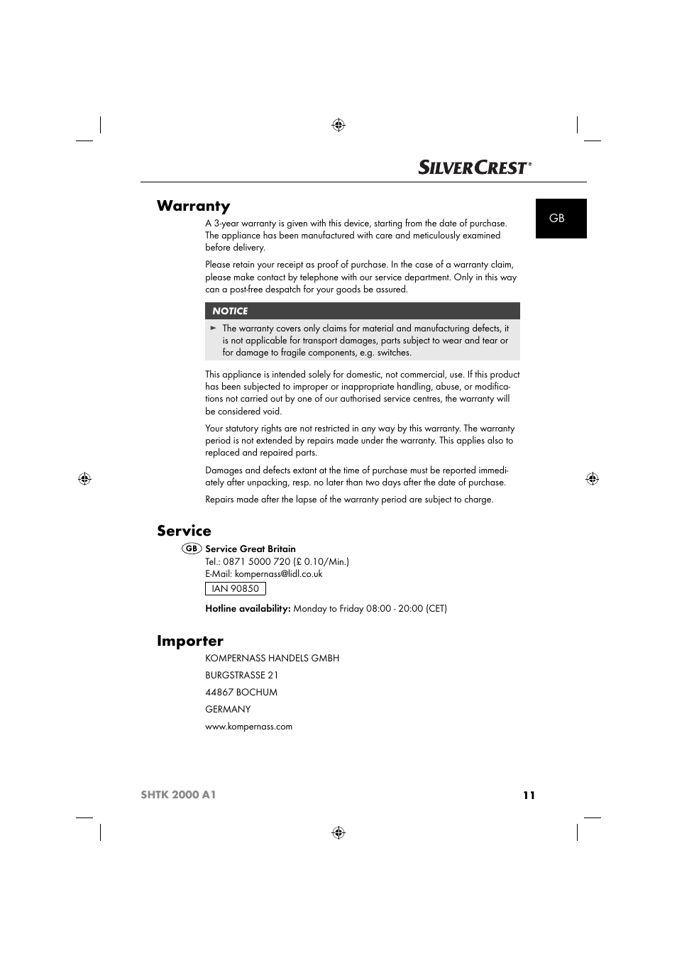 Warranty, Service, Importer | Silvercrest SHTK 2000 A1 User Manual | Page 14 / 64