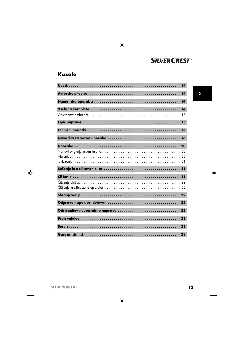 Kazalo | Silvercrest SHTK 2000 A1 User Manual | Page 16 / 64