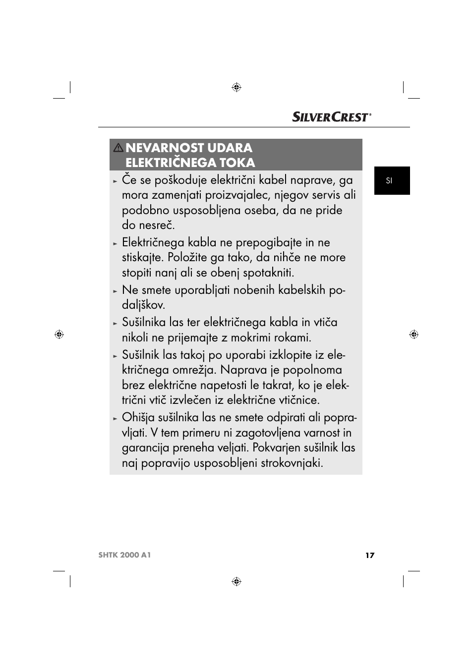 Nevarnost udara električnega toka | Silvercrest SHTK 2000 A1 User Manual | Page 20 / 64