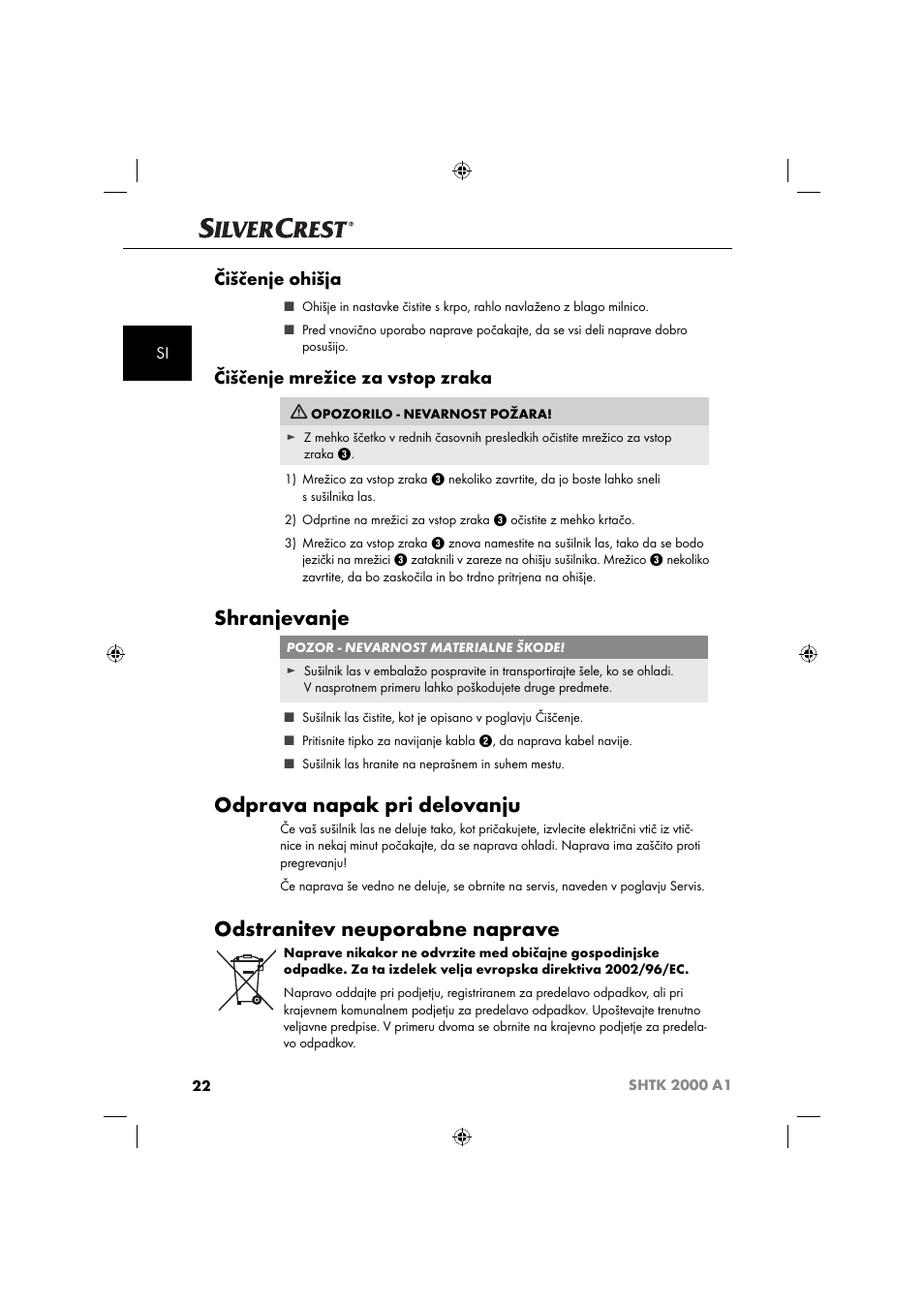 Shranjevanje, Odprava napak pri delovanju, Odstranitev neuporabne naprave | Čiščenje ohišja, Čiščenje mrežice za vstop zraka | Silvercrest SHTK 2000 A1 User Manual | Page 25 / 64