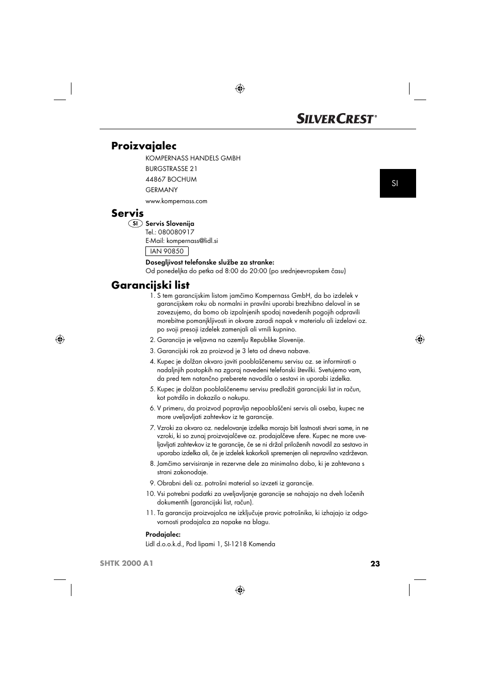 Proizvajalec, Servis, Garancijski list | Silvercrest SHTK 2000 A1 User Manual | Page 26 / 64