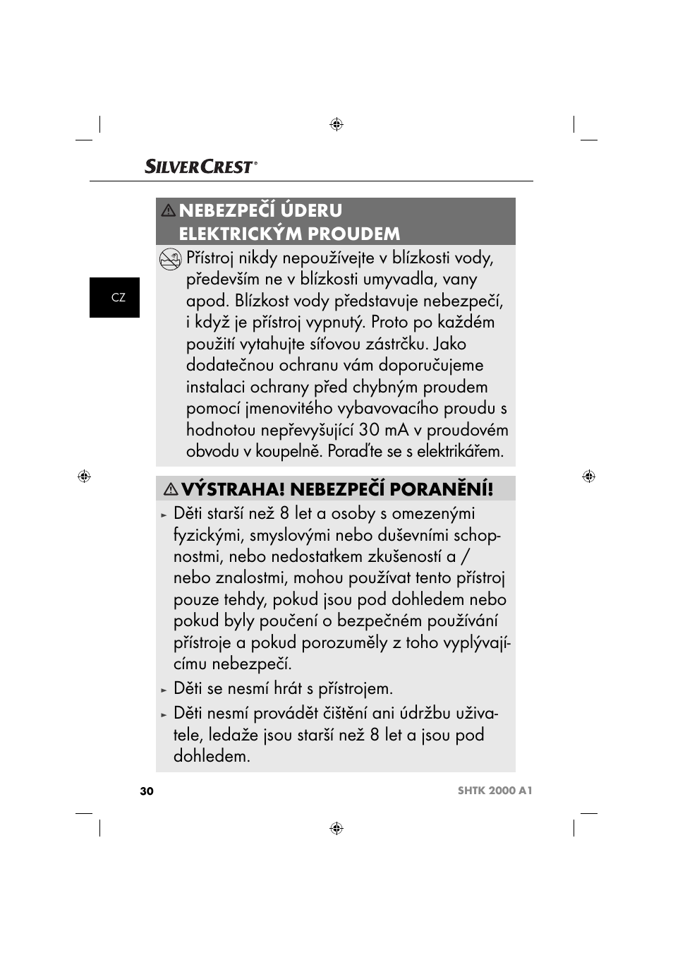 Výstraha! nebezpečí poranění, Děti se nesmí hrát s přístrojem | Silvercrest SHTK 2000 A1 User Manual | Page 33 / 64