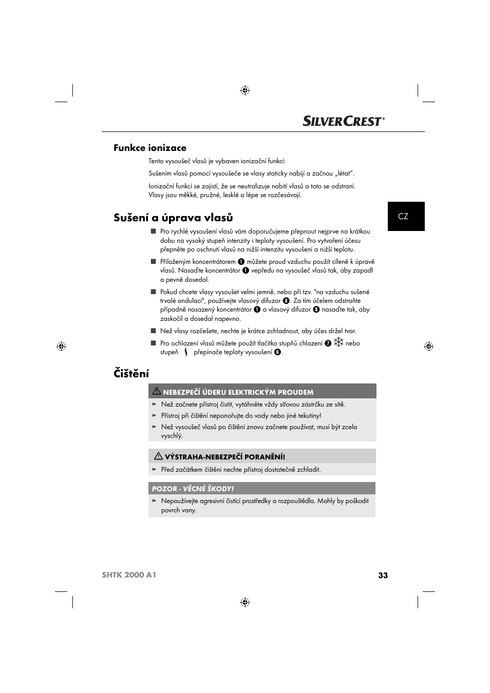 Sušení a úprava vlasů, Čištění, Funkce ionizace | Silvercrest SHTK 2000 A1 User Manual | Page 36 / 64
