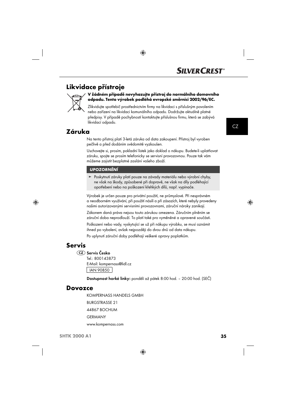 Likvidace přístroje, Záruka, Servis | Dovozce | Silvercrest SHTK 2000 A1 User Manual | Page 38 / 64