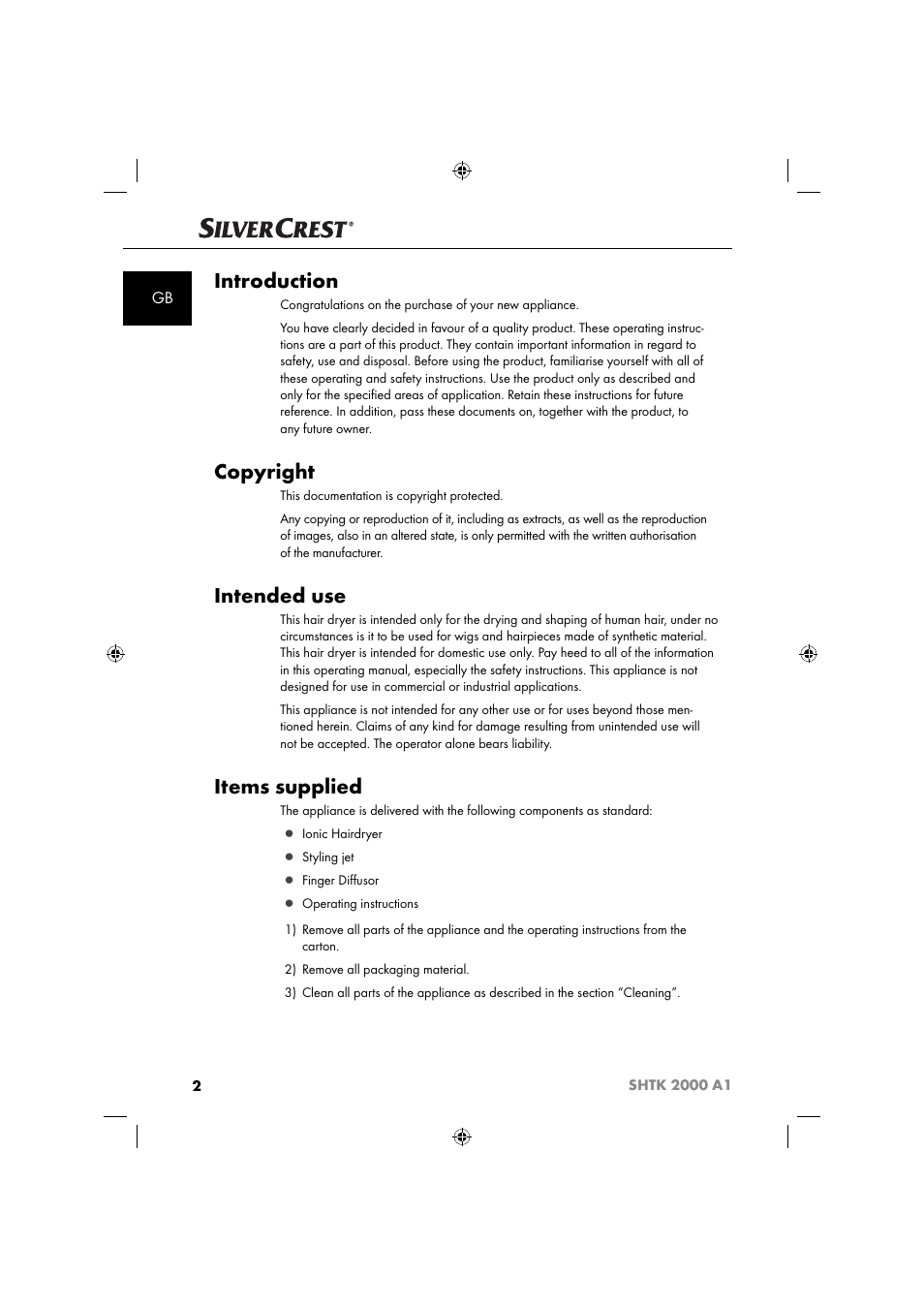 Introduction, Copyright, Intended use | Items supplied | Silvercrest SHTK 2000 A1 User Manual | Page 5 / 64