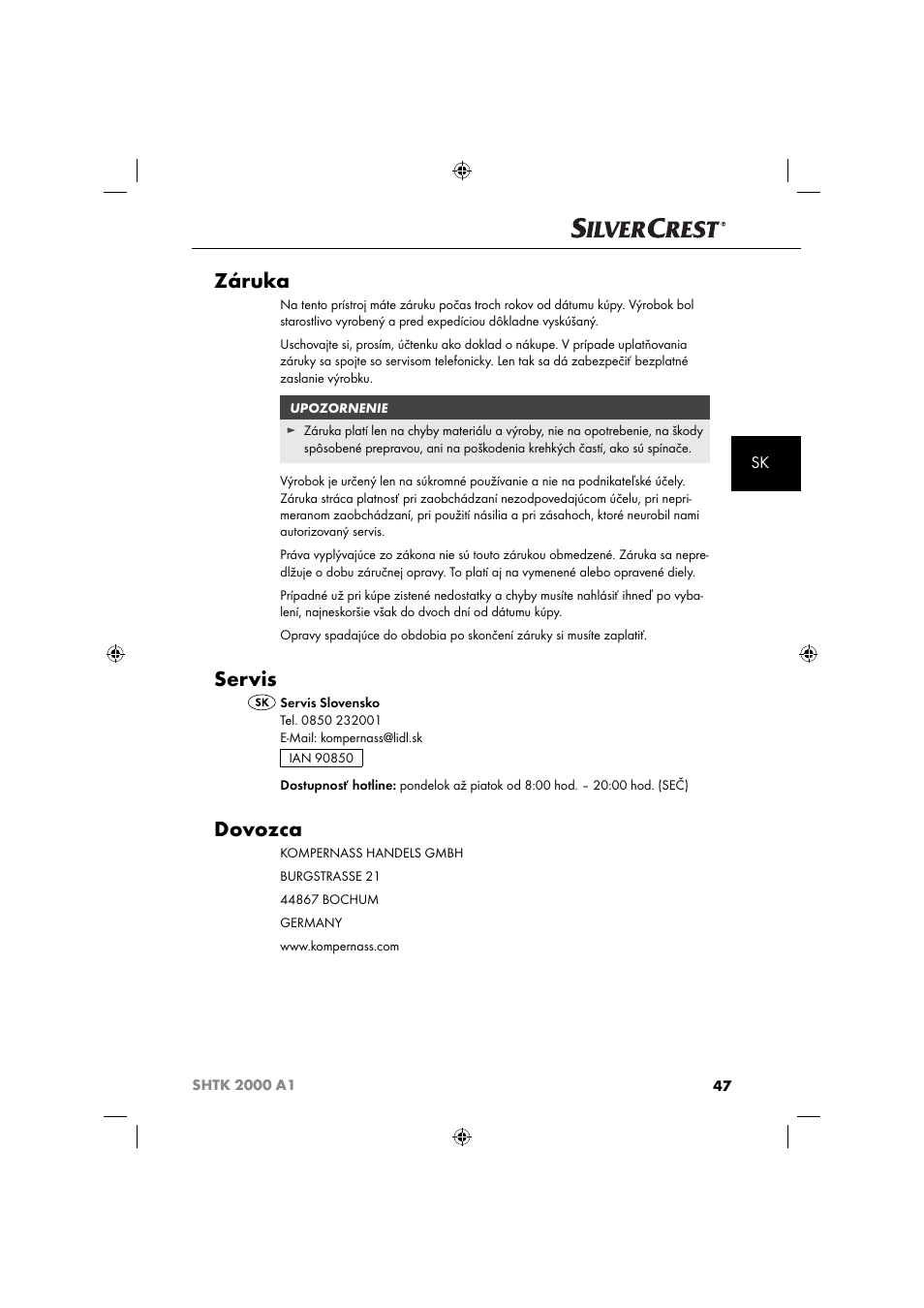 Záruka, Servis, Dovozca | Silvercrest SHTK 2000 A1 User Manual | Page 50 / 64