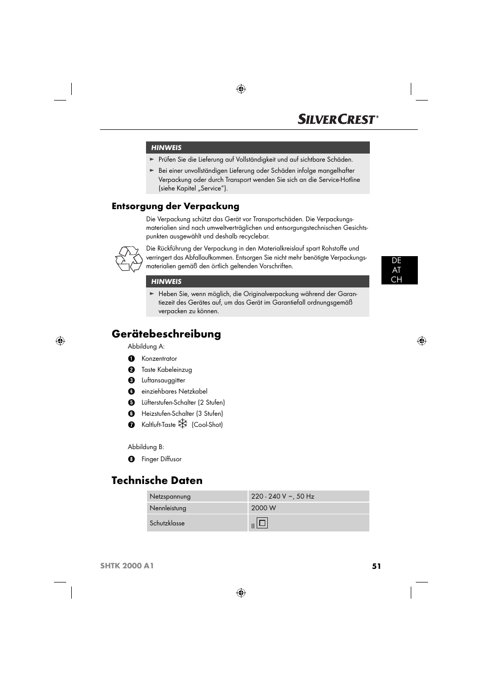 Gerätebeschreibung, Technische daten, Entsorgung der verpackung | De at ch | Silvercrest SHTK 2000 A1 User Manual | Page 54 / 64