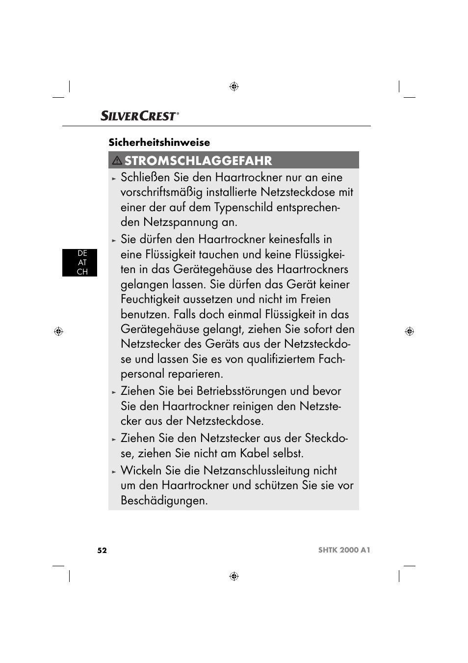 Stromschlaggefahr, Sicherheitshinweise | Silvercrest SHTK 2000 A1 User Manual | Page 55 / 64