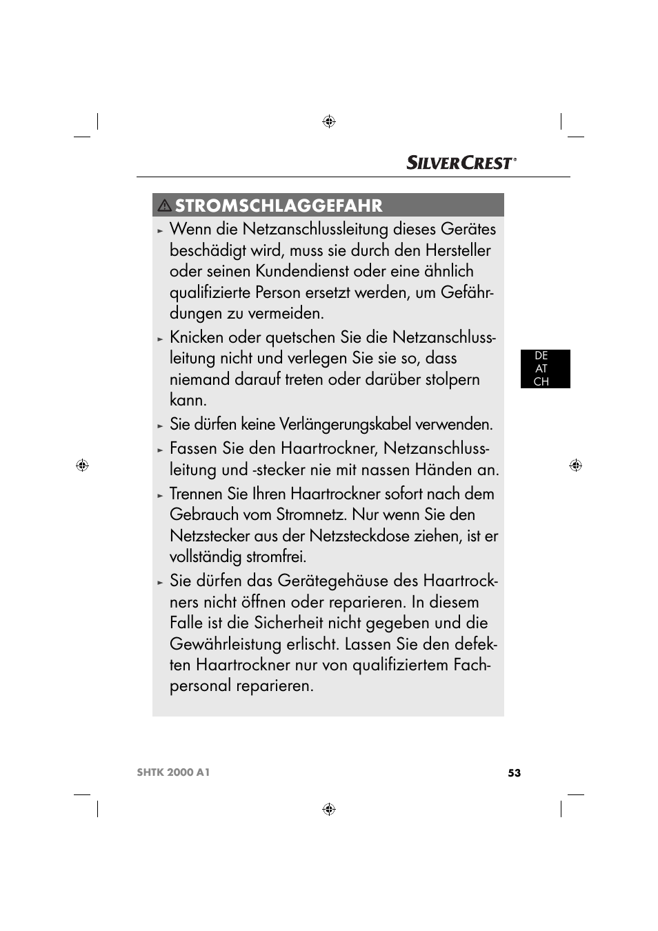 Stromschlaggefahr, Sie dürfen keine verlängerungskabel verwenden | Silvercrest SHTK 2000 A1 User Manual | Page 56 / 64