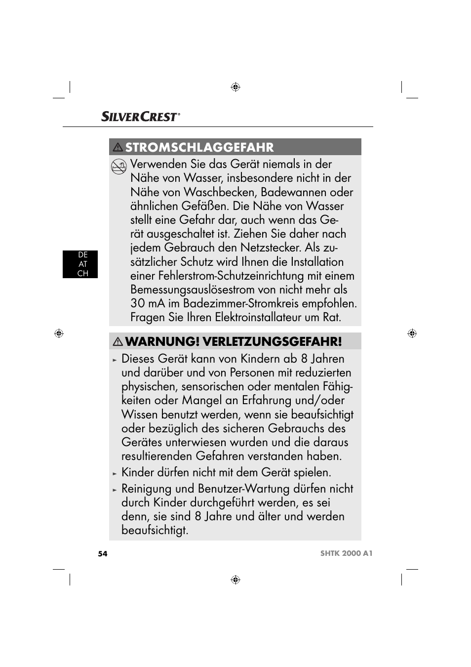Warnung! verletzungsgefahr, Kinder dürfen nicht mit dem gerät spielen | Silvercrest SHTK 2000 A1 User Manual | Page 57 / 64