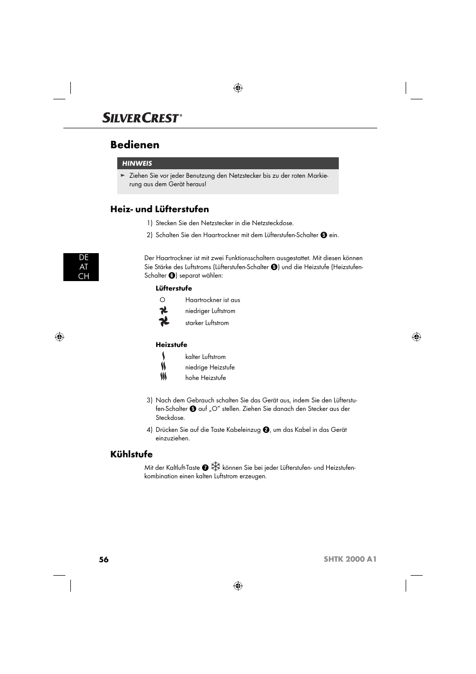 Bedienen, Heiz- und lüfterstufen, Kühlstufe | De at ch | Silvercrest SHTK 2000 A1 User Manual | Page 59 / 64