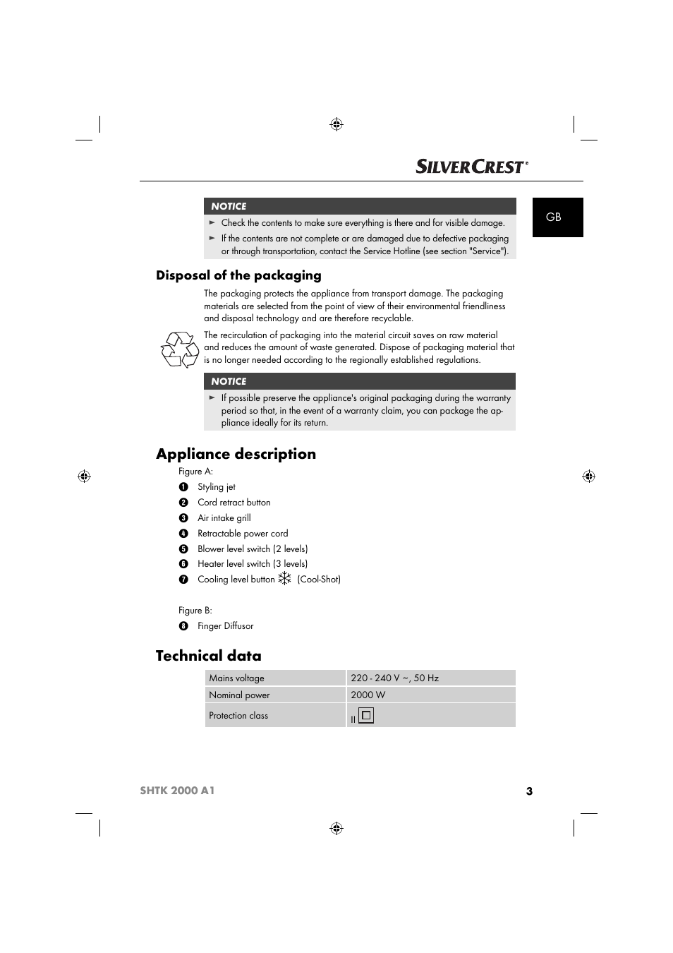 Appliance description, Technical data, Disposal of the packaging | Silvercrest SHTK 2000 A1 User Manual | Page 6 / 64