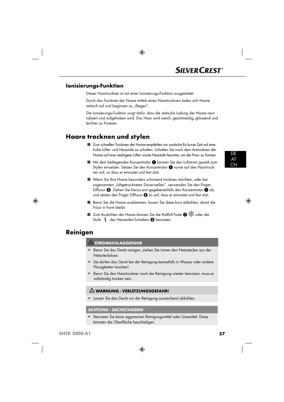 Haare trocknen und stylen, Reinigen, Ionisierungs-funktion | De at ch | Silvercrest SHTK 2000 A1 User Manual | Page 60 / 64