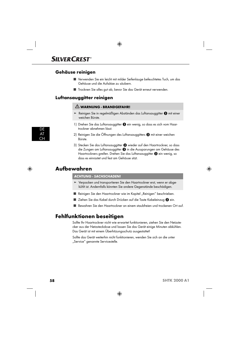 Aufbewahren, Fehlfunktionen beseitigen, Gehäuse reinigen | Luftansauggitter reinigen, De at ch | Silvercrest SHTK 2000 A1 User Manual | Page 61 / 64