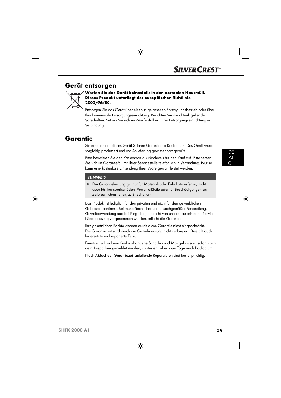 Gerät entsorgen, Garantie, De at ch | Silvercrest SHTK 2000 A1 User Manual | Page 62 / 64