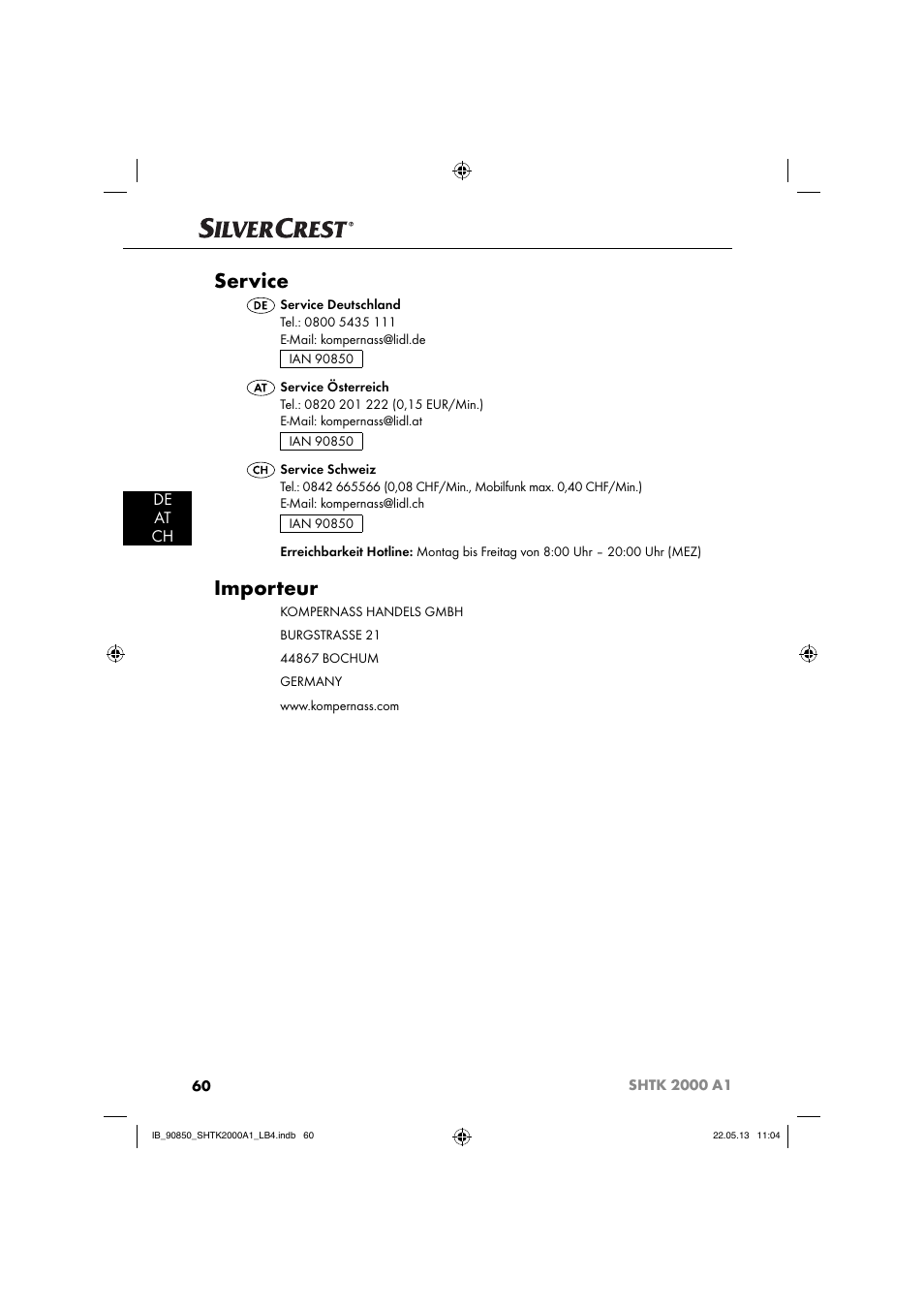 Service, Importeur, De at ch | Silvercrest SHTK 2000 A1 User Manual | Page 63 / 64