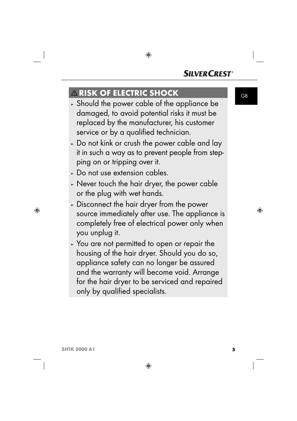 Risk of electric shock, Do not use extension cables | Silvercrest SHTK 2000 A1 User Manual | Page 8 / 64