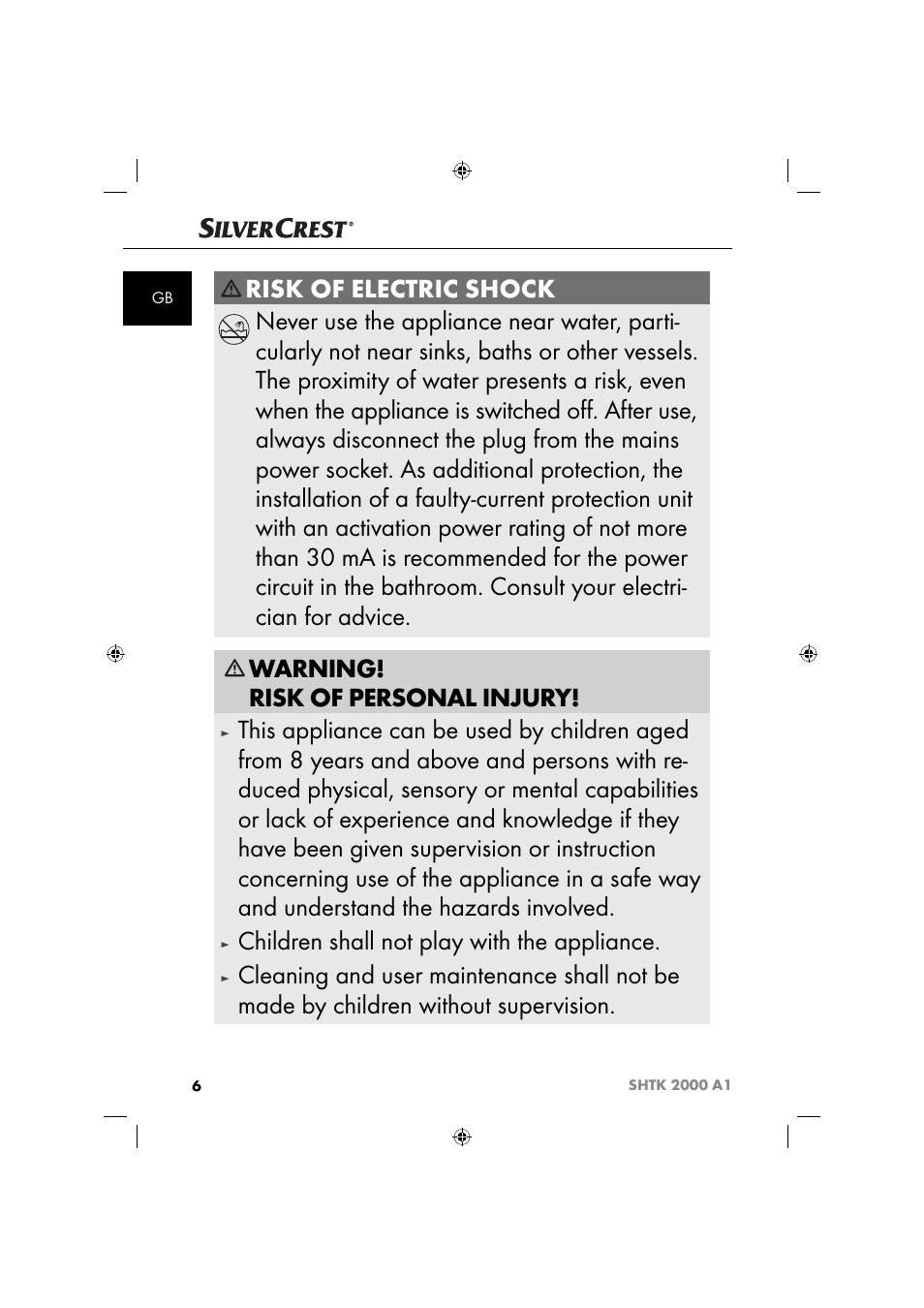 Warning! risk of personal injury, Children shall not play with the appliance | Silvercrest SHTK 2000 A1 User Manual | Page 9 / 64