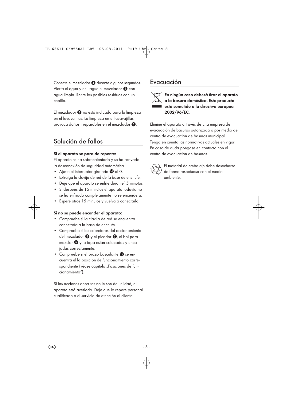 Solución de fallos, Evacuación | Silvercrest SKM 550 A1 User Manual | Page 10 / 52