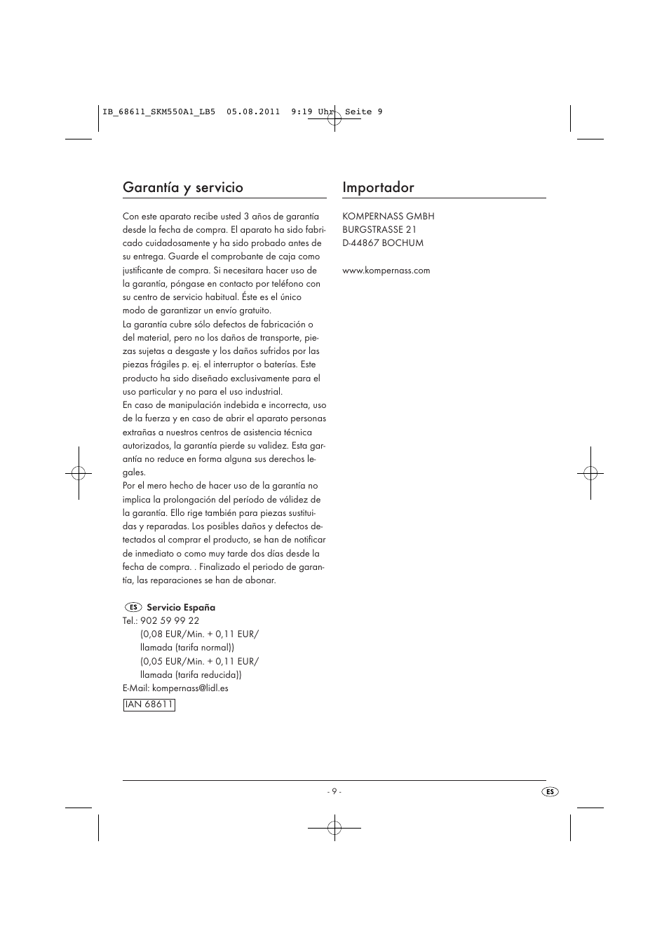 Garantía y servicio, Importador | Silvercrest SKM 550 A1 User Manual | Page 11 / 52