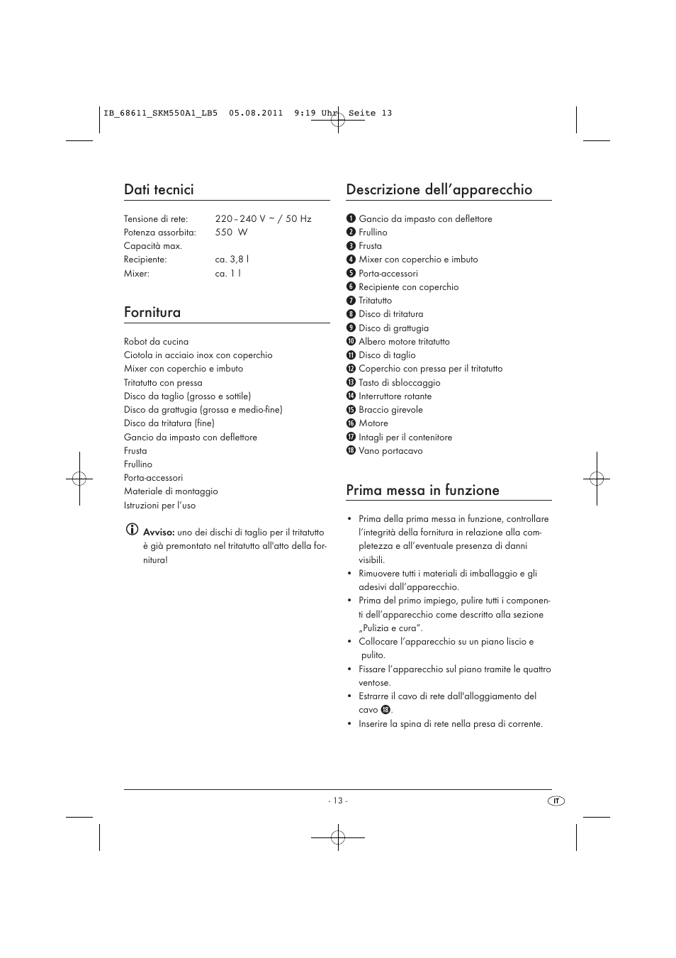 Dati tecnici, Fornitura, Descrizione dell’apparecchio | Prima messa in funzione | Silvercrest SKM 550 A1 User Manual | Page 15 / 52