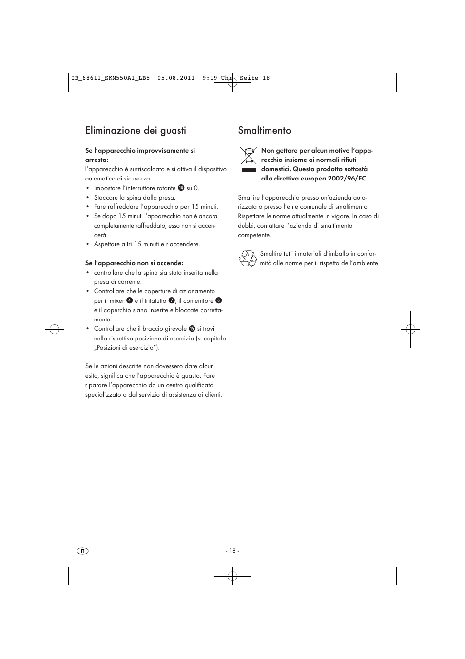 Eliminazione dei guasti, Smaltimento | Silvercrest SKM 550 A1 User Manual | Page 20 / 52