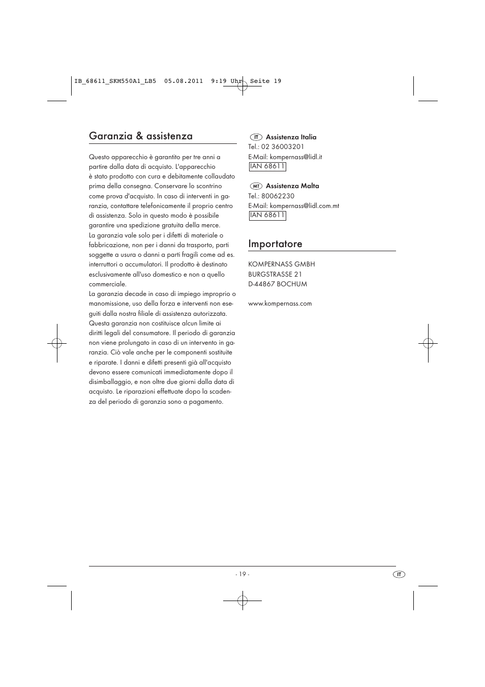 Garanzia & assistenza, Importatore | Silvercrest SKM 550 A1 User Manual | Page 21 / 52