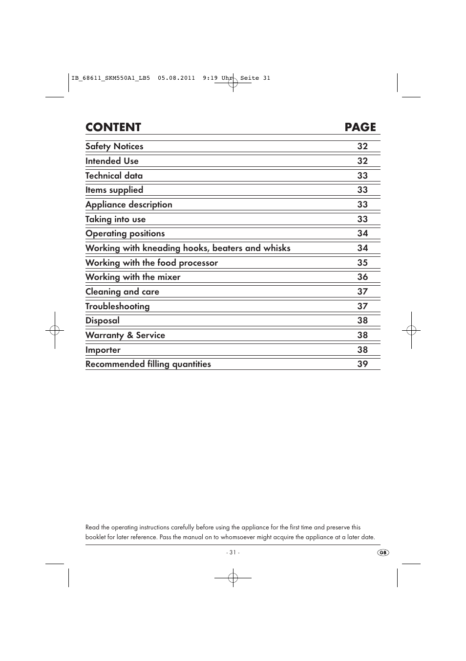 Content page | Silvercrest SKM 550 A1 User Manual | Page 33 / 52