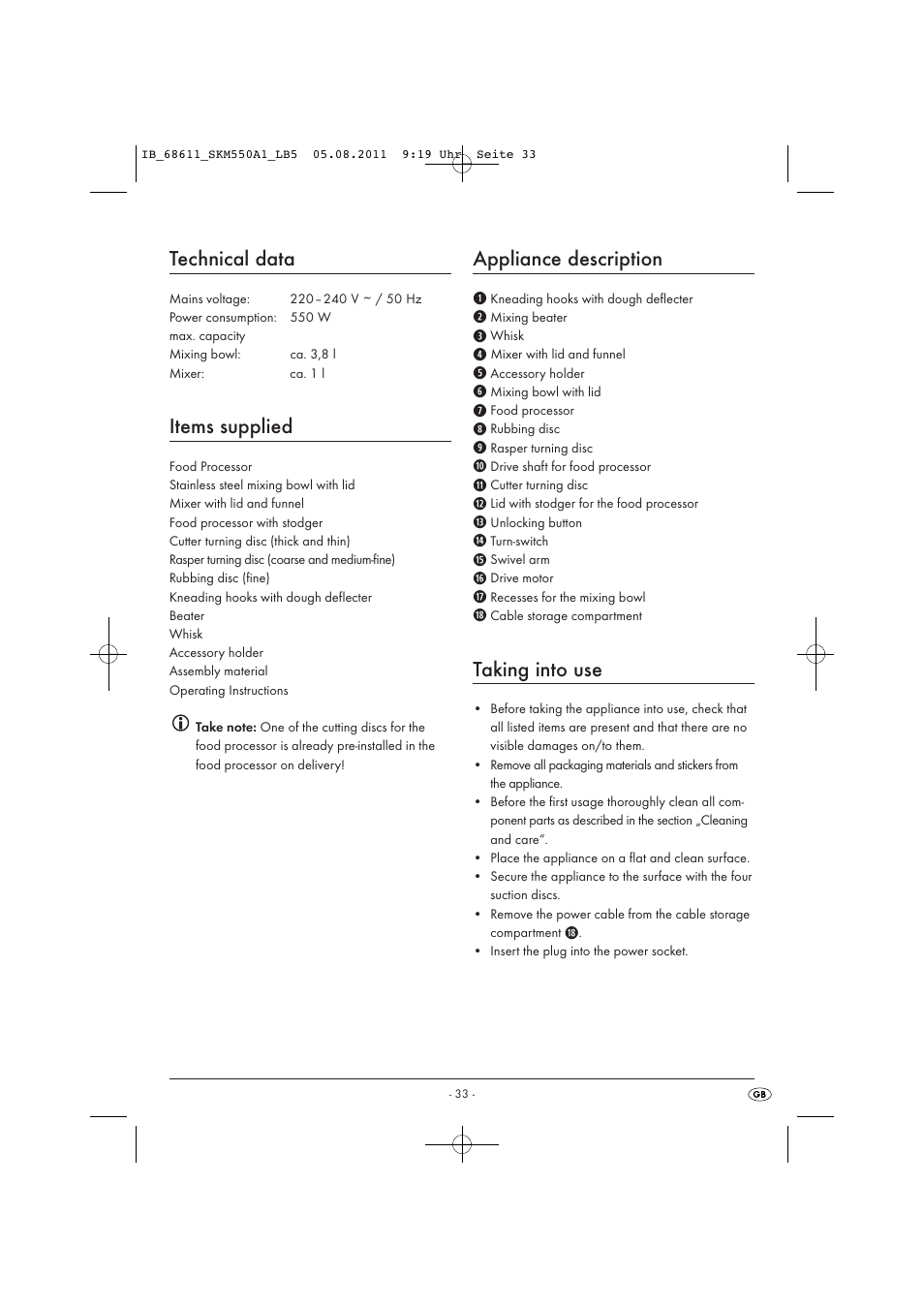Technical data, Items supplied, Appliance description | Taking into use | Silvercrest SKM 550 A1 User Manual | Page 35 / 52