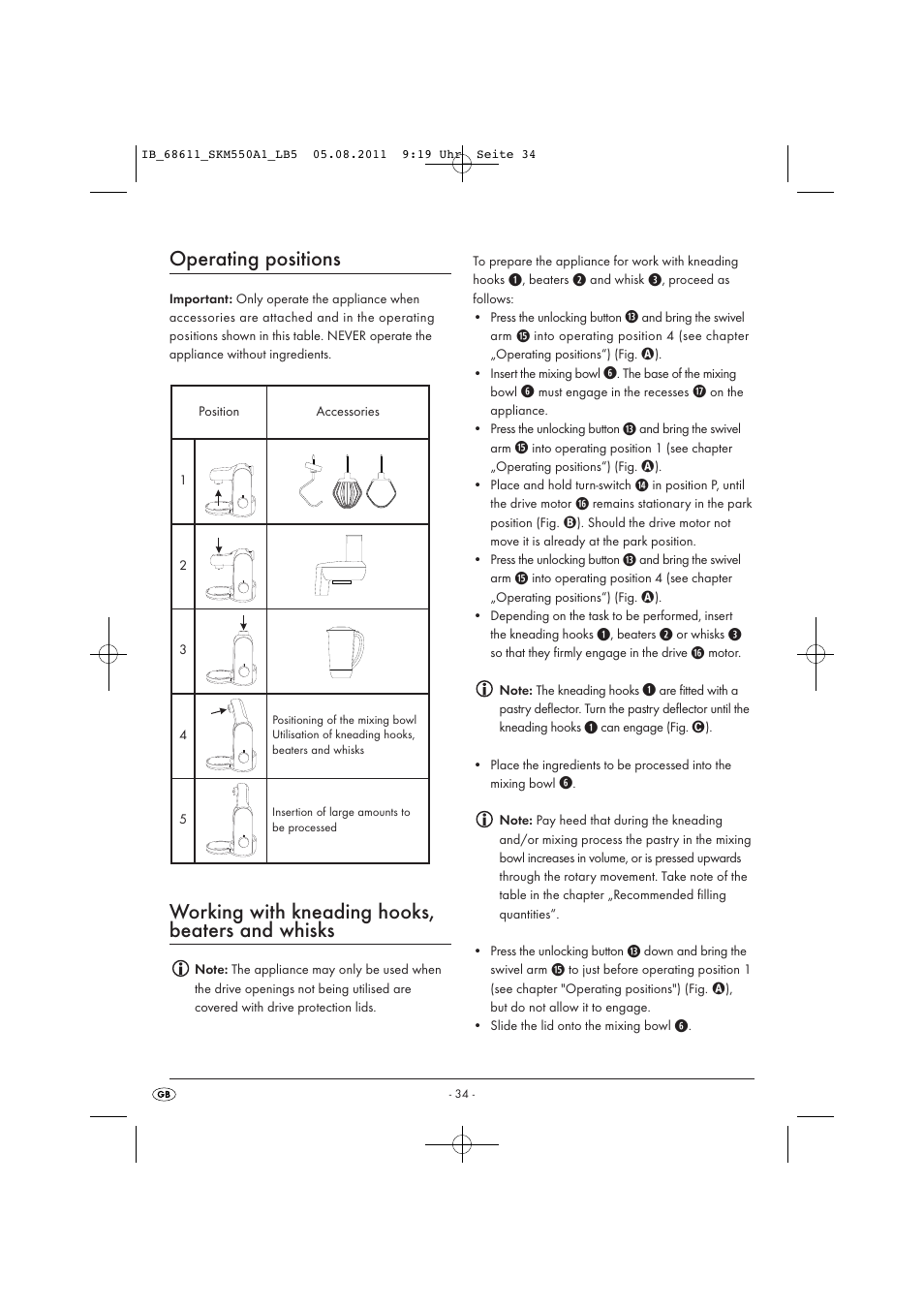 Operating positions, Working with kneading hooks, beaters and whisks | Silvercrest SKM 550 A1 User Manual | Page 36 / 52