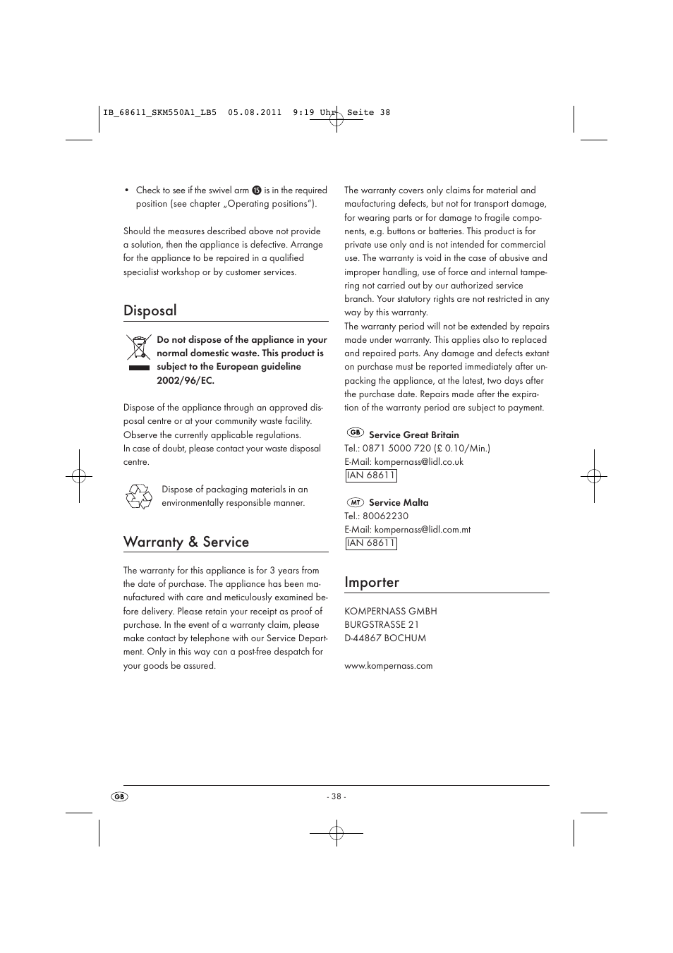 Disposal, Warranty & service, Importer | Silvercrest SKM 550 A1 User Manual | Page 40 / 52